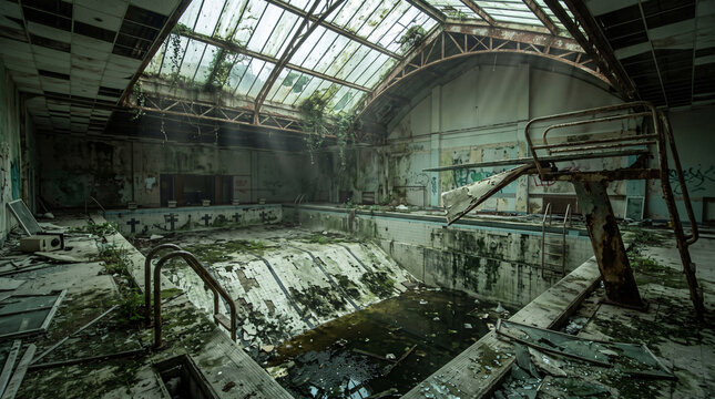 Cinematic photo of an abandoned drained indoor swimming pool with cracked moldy tiles