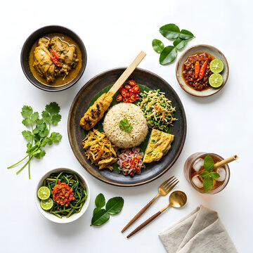 Traditional Balinese Nasi Campur Rice Dish Set Isolated on White Background Flat Lay Top View (Sate Lilit, Ayam Betutu Curry, Lawar, Sambal Matah, Plecing Kangkung, and Iced Tea)