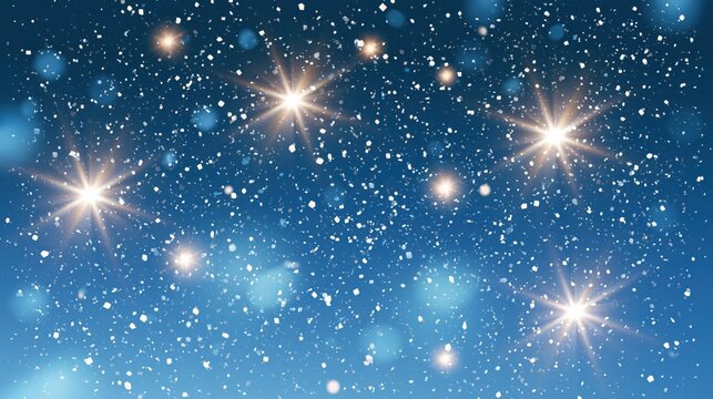Abstract blue background with glowing stars and falling white confetti, festive luminous composition with soft bokeh and sparkling light effects