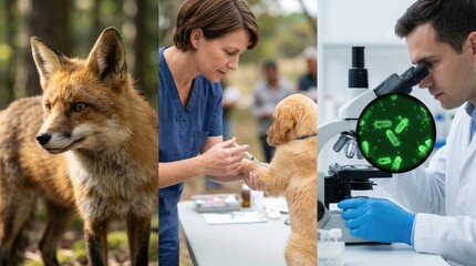 Fototapeta premium Infectious disease strategy: wild animal, rabies vaccinate, canine protect, virus analyze, rhabdovirus research, microscope observe, medical control.