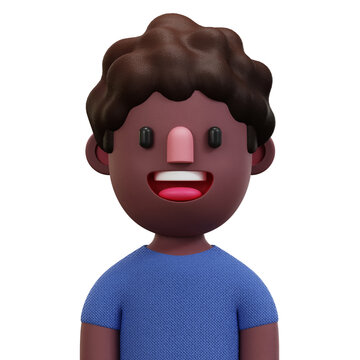 3D man curly hair smiling friendly male character wearing blue clothing