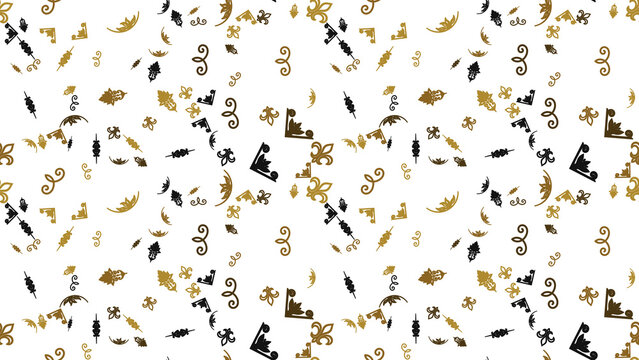 Seamless pattern of black and gold ornamental elements