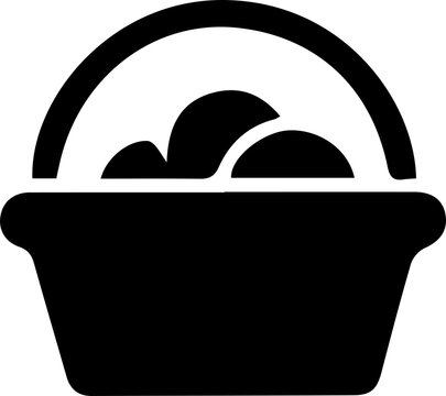 Black silhouette vector icon of a basket filled with round fruits and featuring a curved carrying handle. Ideal for grocery store branding, farmers' markets, healthy eating campaigns, organic food pac