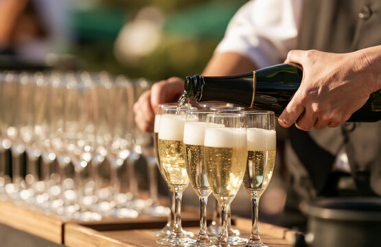 Server pours champagne into glasses at outdoor event