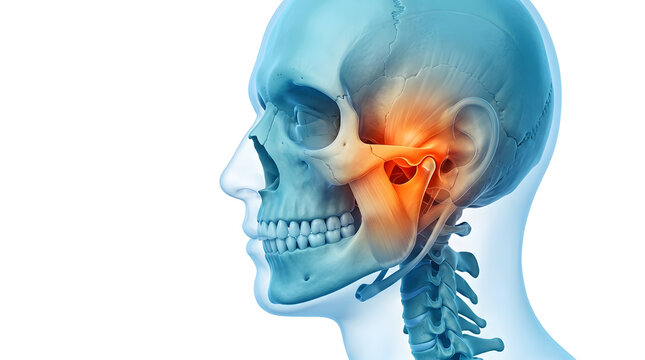 Detailed medical illustration of a human skull and ear anatomy viewed from the side, highlighting bones and ear structures in a realistic style.