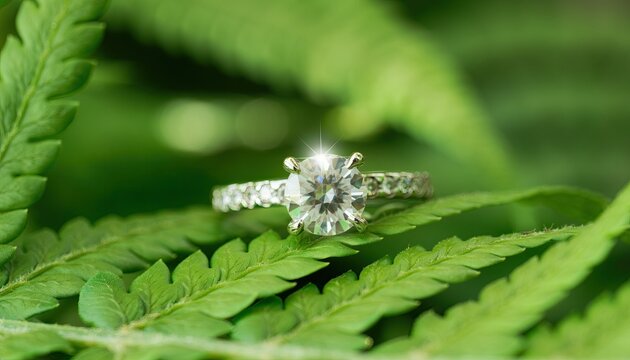 Elegant Diamond Engagement Ring Resting on Lush Green Fern Leaves.
