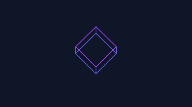 Minimalist neon wireframe cube rotating on dark background, 3D abstract geometric motion for technology and digital projects