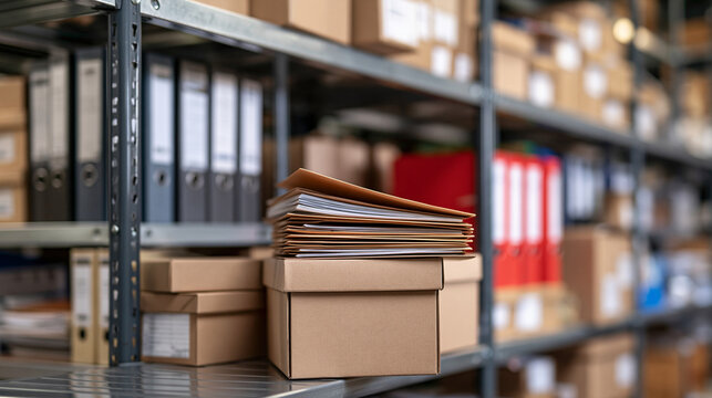 Cardboard boxes and files stacked on warehouse metal