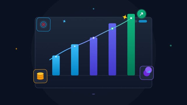 Business growth bar chart with rising trend line, financial data dashboard animation, modern tech analytics interface