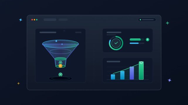Dark mode business dashboard animation, sales funnel data visualization, financial growth bar chart and analytics interface