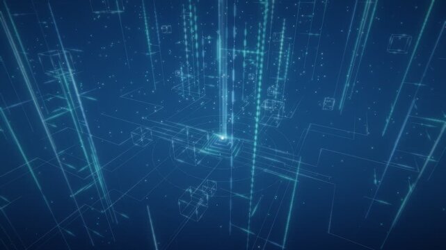 Abstract 3d digital data network background with glowing blue lines and floating geometric cubes in a high tech cyberspace