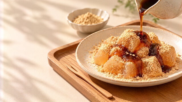 Japanese Warabi Mochi with Kinako Powder and Kuromitsu Syrup on Ceramic Plate
