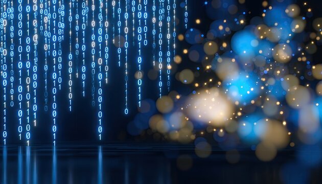 Digital Rain of Binary Code Cascading into a Bokeh Background.