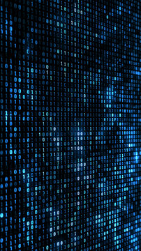 Blue binary code matrix flowing vertically on dark