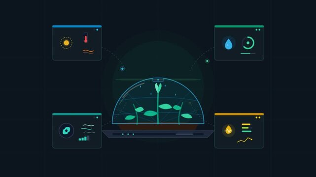 Smart agriculture digital dashboard animation, automated greenhouse monitoring system interface, IoT farming technology concept