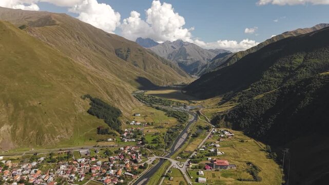 Aerial View of Sno Village and Sno Valley in the Kazbegi Region of Georgia