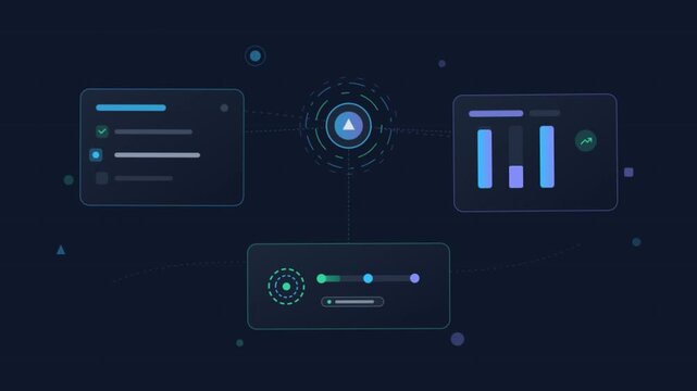 Futuristic digital dashboard interface, abstract HUD tech infographic panels, dark blue UI data visualization elements for corporate presentation