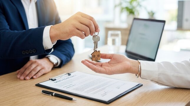 A property realtor or landlord handing over house keys to a tenant or buyer in a close up view.