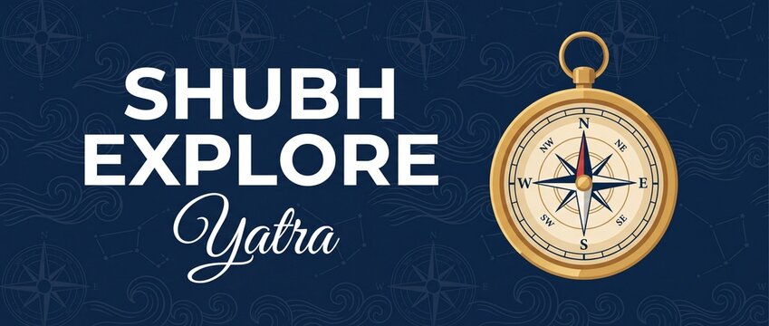 Shubh yatra travel banner compass navigation vector illustration for safe journey exploration background, featuring brass antique compass rose, celestial constellation map, dark blue background