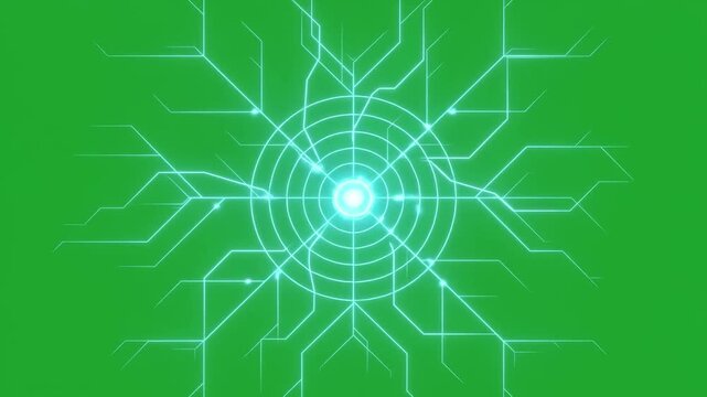 Abstract glowing green circuit board technology background with futuristic cyber digital network pattern and optical lens flare visual effect overlay