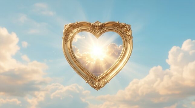 Sunlit clouds against a serene blue sky captured within a golden heart frame.