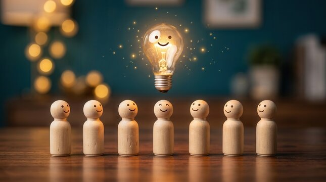 A glowing, happy light bulb above smiling wooden figures as they gaze up.