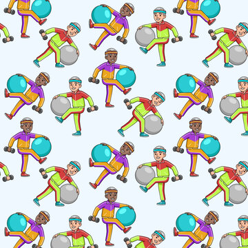 Vector illustration of a seamless pattern featuring older adults in 80s-style sportswear exercising.