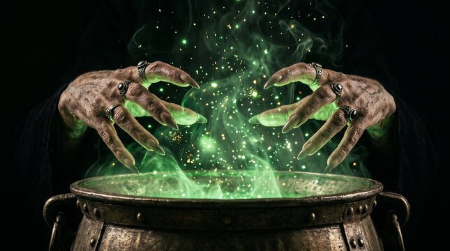 Witch hands casting green magic spell over bubbling cauldron with glowing smoke and sparkling lights in spooky dark wood