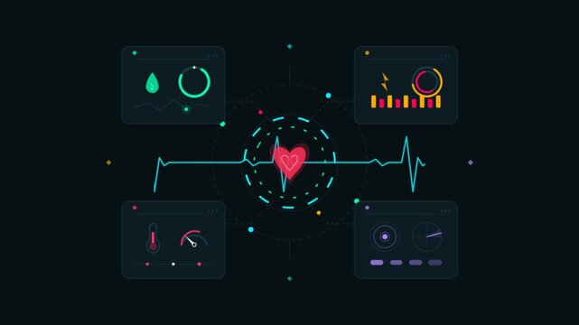 Futuristic medical HUD interface with beating heart icon, digital EKG cardiogram line on dark background, healthcare data visualization animation