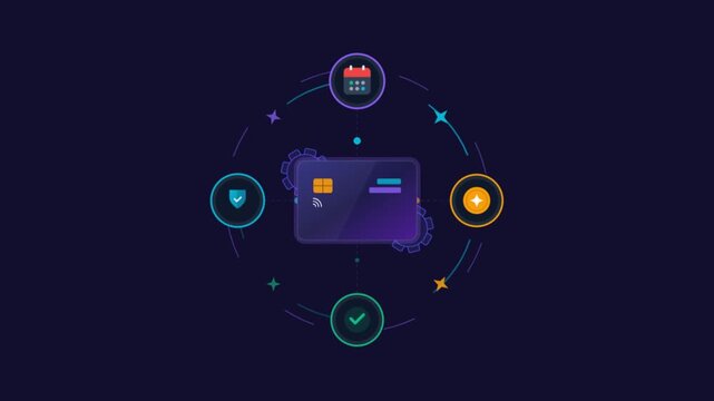 Modern fintech credit card animation, secure digital payment processing graphic, online banking rewards and security icons on dark background