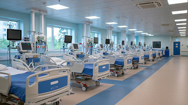 Empty hospital ward with rows of beds and