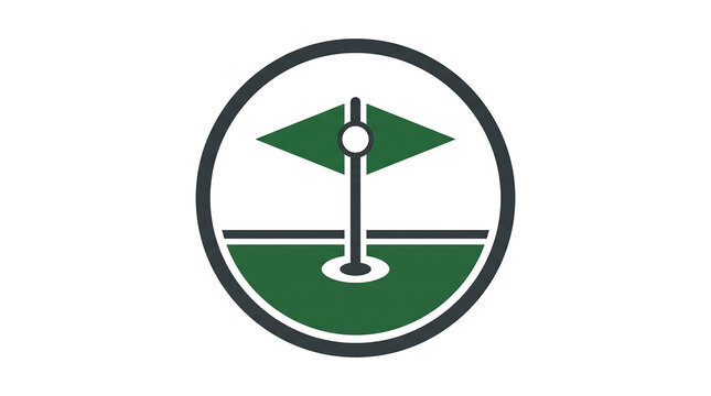 Golf flagstick on a green golf course with a hole and fairway lines icon.
