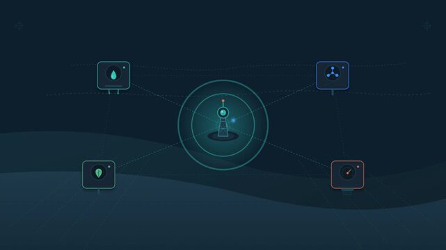 Futuristic digital network animation, abstract data hub connection concept, smart technology interface on dark blue background