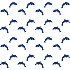Seamless blue dolphin pattern on white background. Minimalist nautical vector illustration for fabric, wallpaper, wrapping paper, and marine animal design projects. © Muhamad