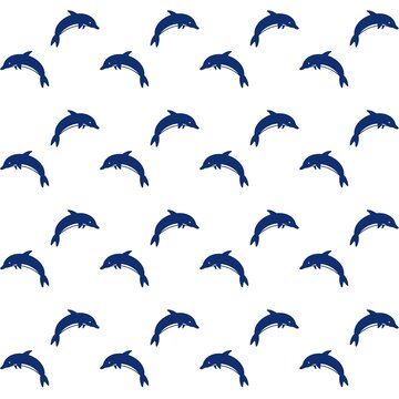 Seamless blue dolphin pattern on white background. Minimalist nautical vector illustration for fabric, wallpaper, wrapping paper, and marine animal design projects.