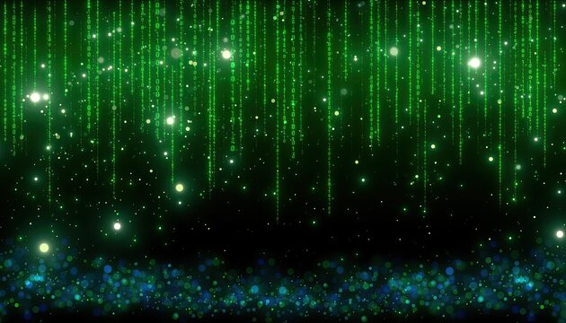 Abstract Digital Rain of Green Code and Glowing Particles.