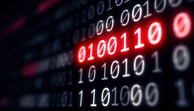 Digital Binary Code Data Stream with Red Highlighted Error.