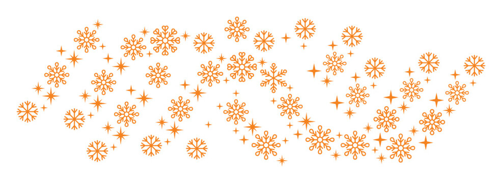 Orange snowflake wave vector illustration with sparkly stars on transparent background