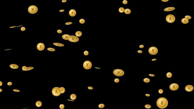 Gold yuan yen coins falling, seamless loop 4K overlay on transparent background with alpha channel