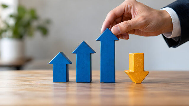 Hand Arranging Blue Upward Arrows Beside a Yellow Downward Arrow