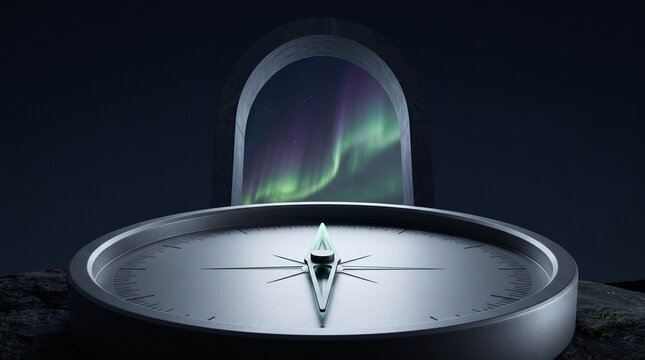 Polished titanium compass needle pointing toward aurora borealis arch