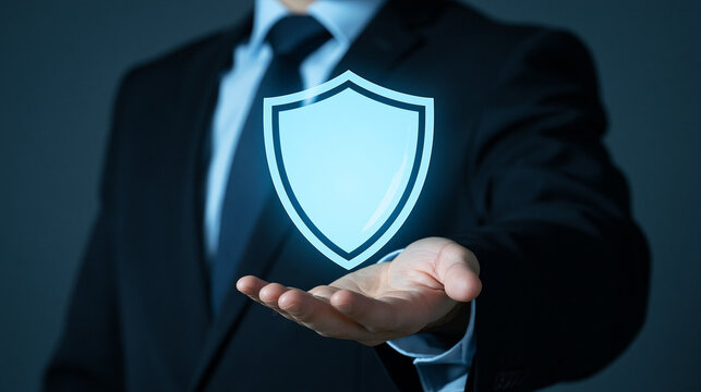 Businessman holding glowing shield icon in hand
