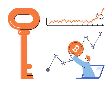 Man emerging from laptop holding bitcoin coin near growth chart and key vector illustration. Financial growth, digital currency, investment strategy, market success, crypto trading, wealth. Person
