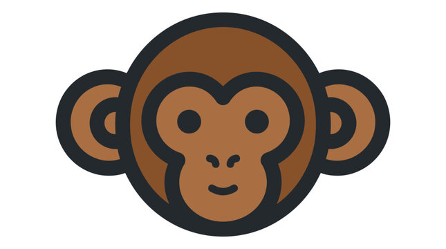 Cute cartoon monkey face icon with simple brown line art design isolated on white background
