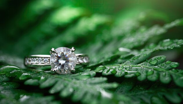 Stunning Diamond Engagement Ring Resting on Lush Green Fern Leaves.