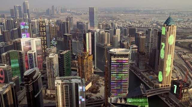 dubai cyberpunk city with overlayed code and data on the buildings