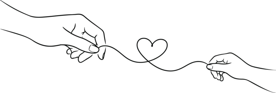 Two hands connected by a string forming a heart shape a linear illustration