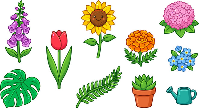 Cute Cartoon Flower and Plant Vector Set Featuring Sunflower Tulip Foxglove Hydrangea Monstera Fern and Watering Can for Kids Sticker Graphic Designs