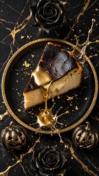 Vertical luxury black gold basque burnt cheesecake gold lava splash black roses