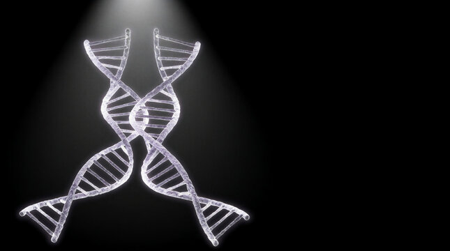 DNA helices intertwined as dancers mid-leap with sugar-phosphate backbones and connecting base pairs on black background
